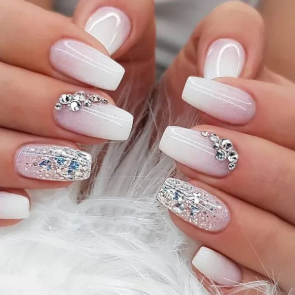 24Pcs Press On Nails Wearable Fake Nails Pink Gradient Glitter Butterfly Rhinestones False Nail Full Cover