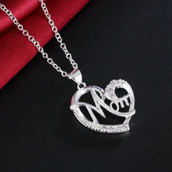 45cm Charms 925 Sterling Silver Elegant MOM Crystal Heart Pendant Necklace for Women Fashion Fine Luxury