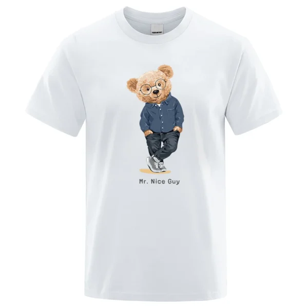 Gentleman Mr Teddy Bear Nice Guy Prints Men Short Sleeve Street Cotton T Shirts Loose Oversized