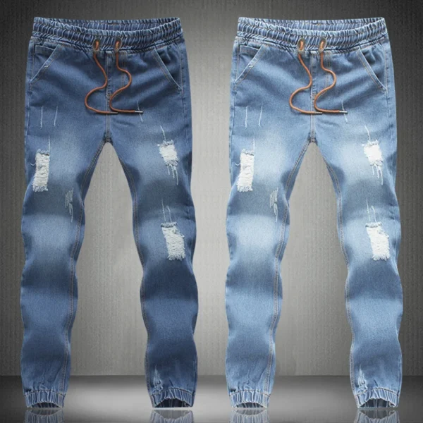 Men Fashion Jeans Drawstring Slim Fit Denim Ankle Length Casual Pants Ripped Skinny Jeans Denim Trouser 1