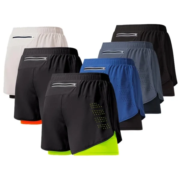 Men s Running Shorts Quick drying Fitness Black Double Layer Shorts Men New Sport Workout Training