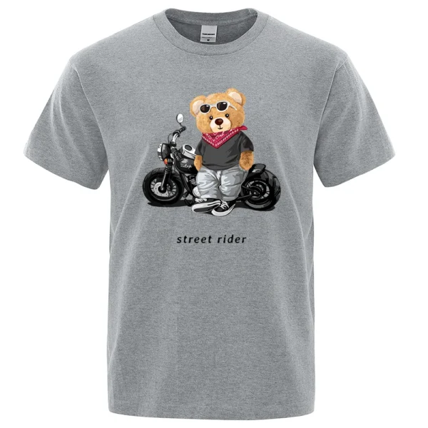 Motorcycle Enthusiast Street Teddy Rider Printed T Shirt Men Loose Casual Short Sleeves Summer Breathable Tee