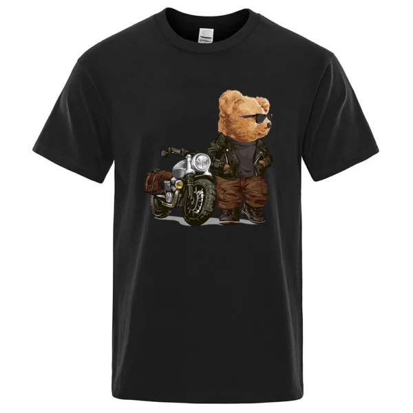 Motorcycle Teddy Bear Wearing Sunglasses T Shirt Men Women Funny Tee Clothing Cotton Oversized Tops Hip