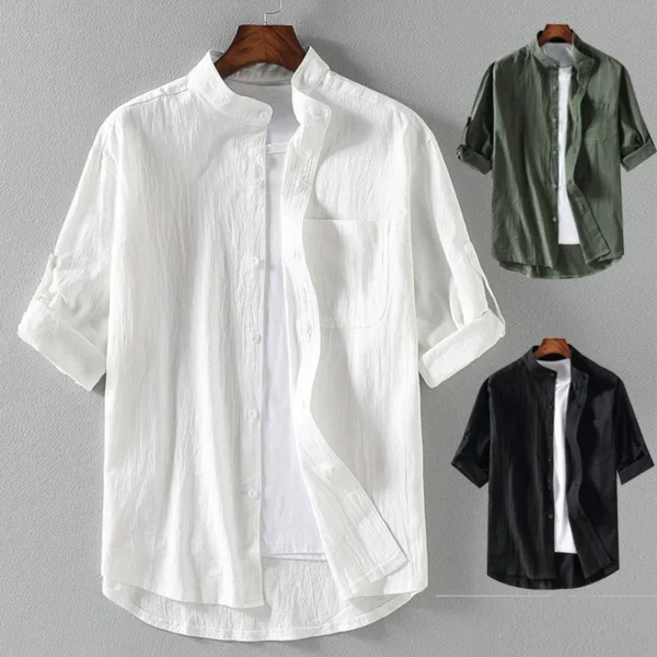 Spring and Summer Stand Collar Five point Mid sleeve Fashionable Men s Short sleeved Shirt Seven