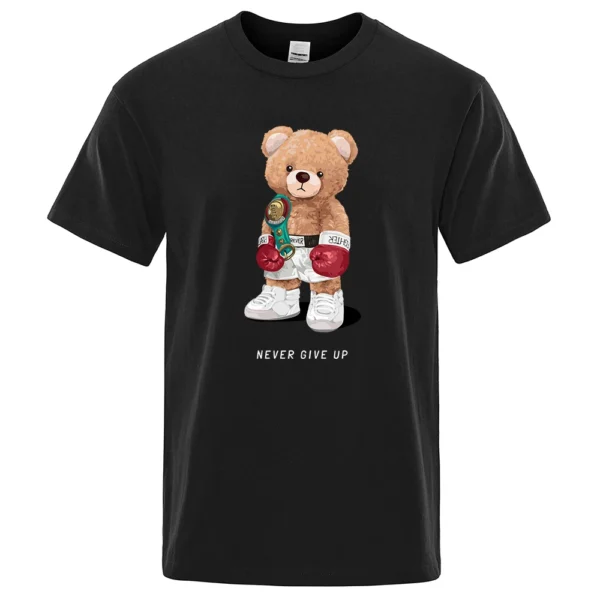 Strong Boxer Teddy Bear Never Give Up Print Funny T Shirt Men Cotton Casual Short Sleeves