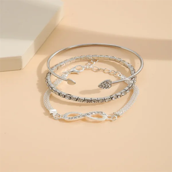 Vintage Set Silver Color Crystal Rhinestone Heart Bracelets for Women Fashion Geometric Adjustable Infinity Cuff Bangle 3