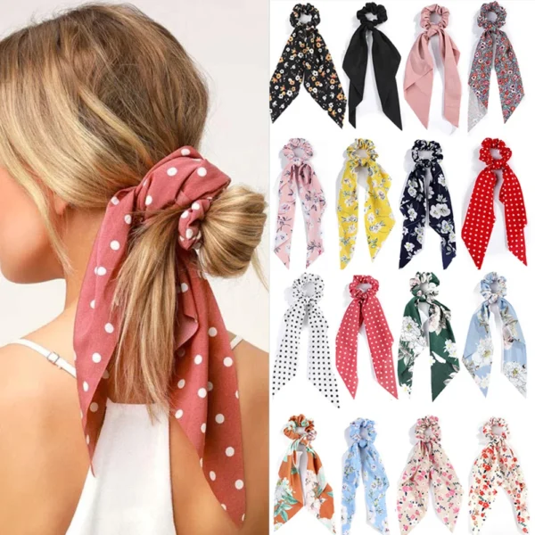 2023 Fashion Print Chiffon Long Ribbon Scrunchies Women Girls Ponytail Scarf Elastic Hair Bands Ties Hair