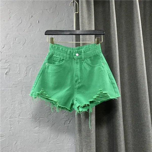 Candy Colored Distressed Denim Shorts Women s High Waisted Green A line Hot Pants 2024 New