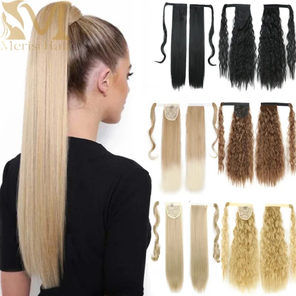 MERISIHAIR Synthetic Long Straight Wrap Around Clip In Ponytail Hair Extension Heat Reistan Pony Tail Fake