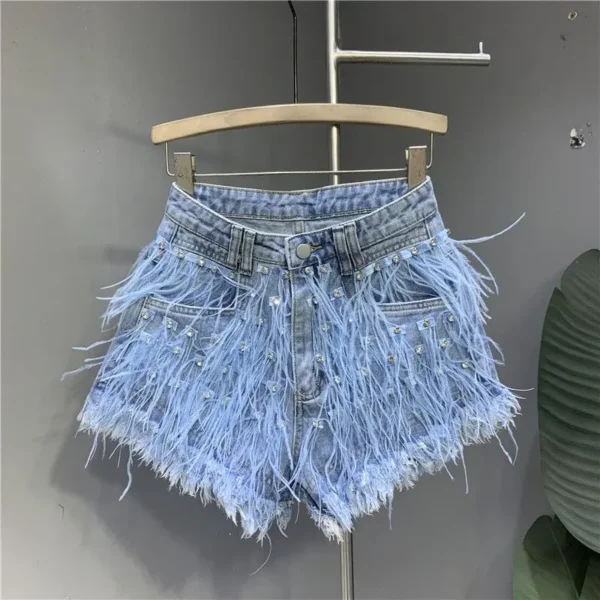 Summer New Fashion Denim Shorts Women Personalized Tassel Diamond Wash Light Blue Short Jeans Fashion Sexy
