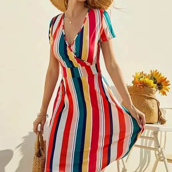 Summer Striped Print Midi Dresses For Women Casual White Boho Beach Dress Fashion V Neck A