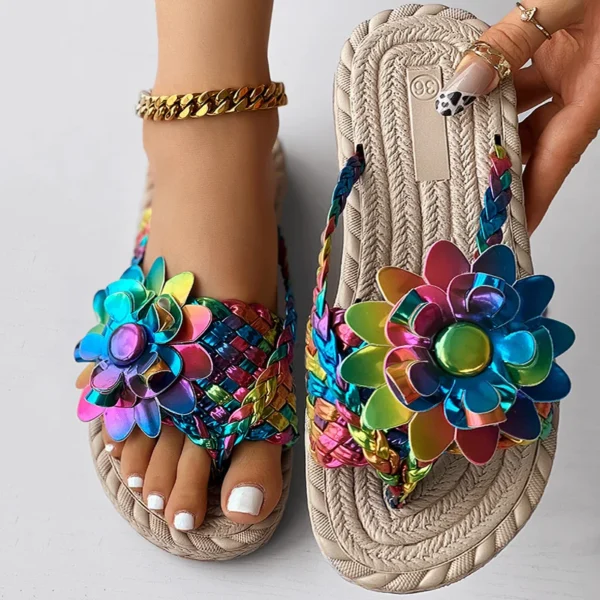Women Fashion Casual Shoes Flat Vacation Holiday Holographic Braided Floral Pattern Toe Post Beach Flip Flops